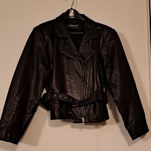 Womens Leather Coat Oakwood Biker Style Cropped, 2 silver zipper pockets, belt